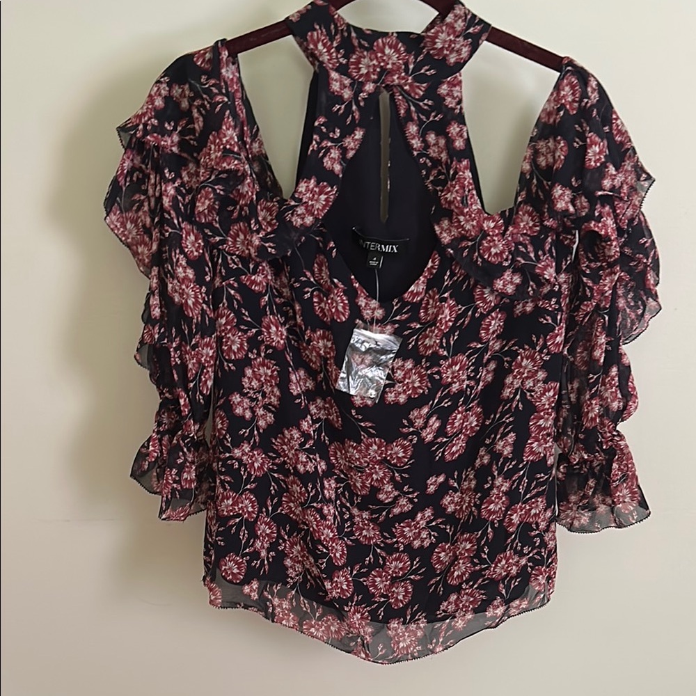 INTERMIX Black and Pink Ruffled Cutout Blouse